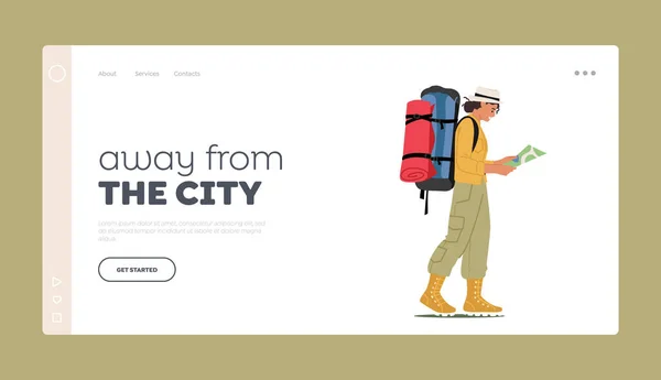 Wandelen Buiten Activiteiten Landing Page Template. Backpacker Learning Map kiezen juiste manier. Reiziger Wandelen Avontuur — Stockvector