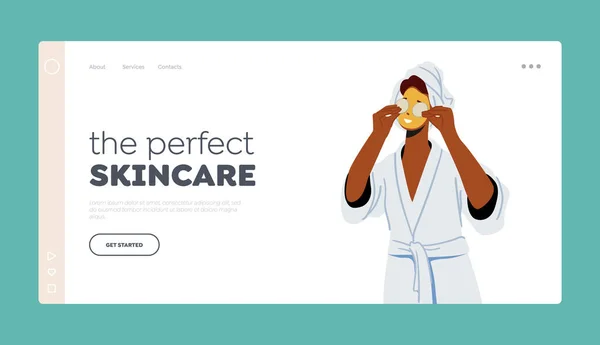 Perfect Skincare Landing Page Template. Женщина в маске и с огуречными ломтиками лица. Уход за кожей женского пола — стоковый вектор