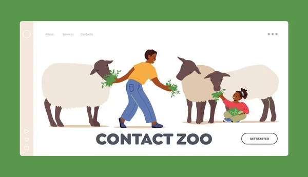 Contatta Zoo Landing Page Template. Bambini che nutrono pecore alla fattoria all'aperto. I personaggi dei bambini trascorrono del tempo nel parco degli animali — Vettoriale Stock