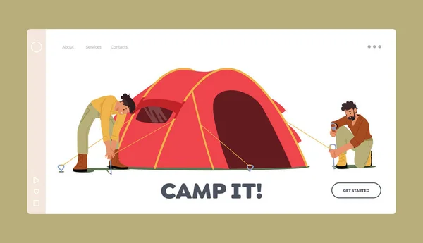 Actieve toeristen Karakters Camping Landing Page Template. Jongeman en vrouw zetten tent op voor zomerkamp — Stockvector