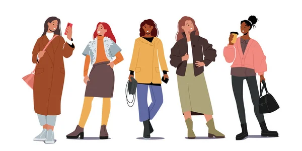 Group of Stylish Women in Autumn Fashion Outfits. Young Female Characters Wear Modern Casual Clothes for Fall Season — Stock Vector