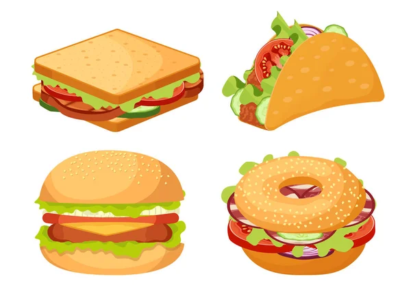 세트 오브 아이콘 패스트 푸드 , Takeaway Junk Food Burger, Sandwich, Tex Mex Tacos Snack Isolated on White Background — 스톡 벡터