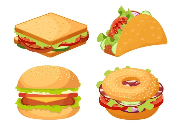 Set of Icons Fastfood, Takeaway Junk Food Burger, Sandwich, Tex Mex Tacos Snack Isolated on White Background — Stock Vector