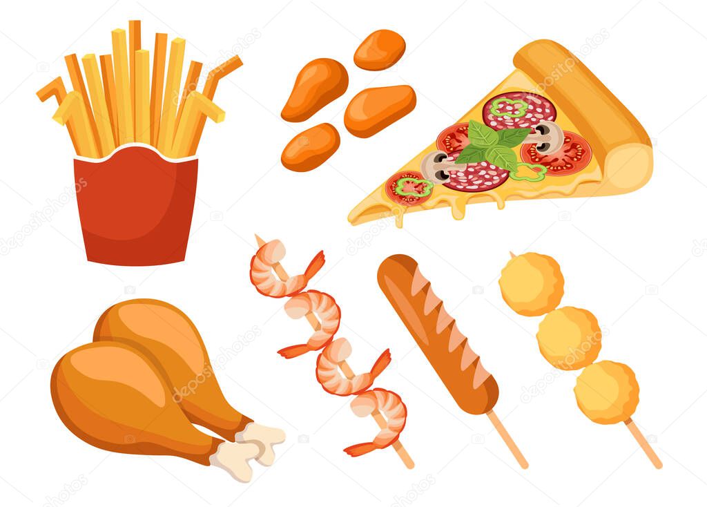 Fastfood, Takeaway Junk Food French Fries, Chicken Leg and Nuggets, Pizza, Shrimps on Skewers, Sausage and Fried Cheese Balls Isolated Elements for Restaurant Menu Design. Cartoon Vector Illustration