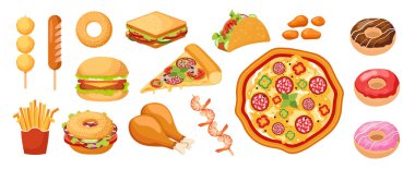 Icons fast food, hazır yemek, patates kızartması, tatlı çörek, sandviç. Tavuk budu, nugget ve sosisli pizza.