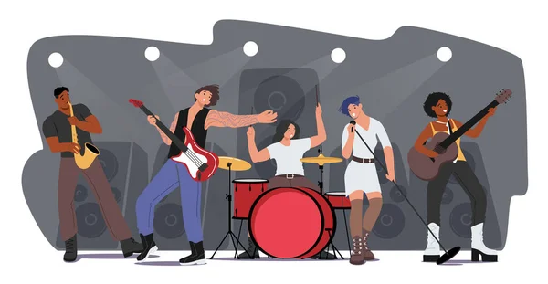 Music Band Performing Rock Concert on Scene. Artists Characters with Musical Instruments, Girl Sing Song, Show on Stage — Stock Vector