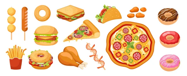 Conjunto de ícones Fastfood, Takeaway Food French Fries, Sweet Donuts, Sandwich. Pernas de frango, Nuggets e pizza com salsicha — Vetor de Stock
