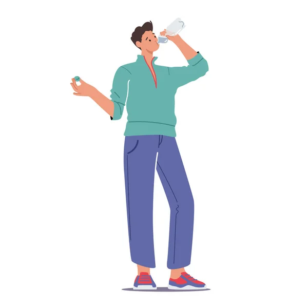 플라스틱 병에서 나오는 음료수를 마시는 남성 형 식염수, 운동 기구나 운동을 한 후의 기분 전환 — 스톡 벡터