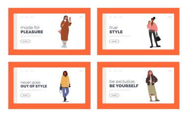 Moda Giysi İniş Şablonu Ayarlı Kadınlar. Sonbahar Moda Kıyafetlerindeki Şık Kızlar. Genç Kadın Karakterler