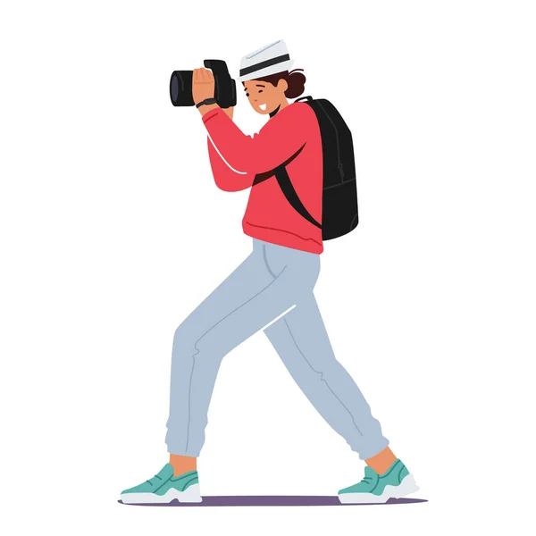 Fotografování koncepce. Ženská fotografka, novinářka, cestovatelka, postava s fotoaparátem Natočte snímek. Paparazzi Job — Stockový vektor