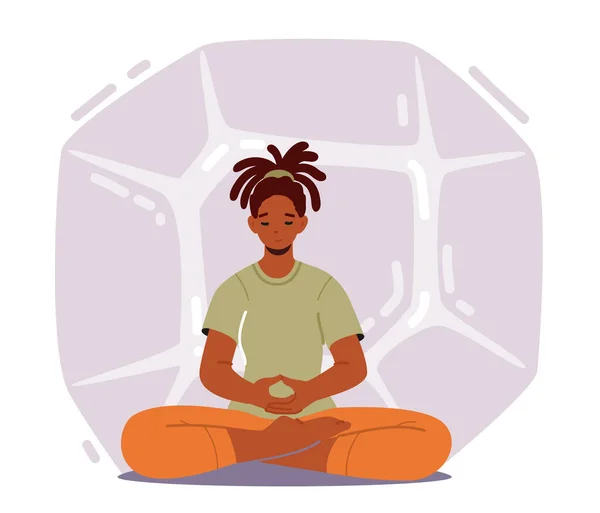 Femme calme pratiquant la méditation de yoga dans Lotus Pose pour moins de stress et atteindre le Nirvana ou le Zen. Autonomisation, Détente — Image vectorielle