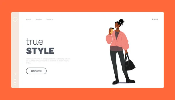 True Style Landing Page sjabloon. Afrikaans meisje met handtas dragen trendy outfit voor herfst seizoen. Trends in de herfstmode — Stockvector