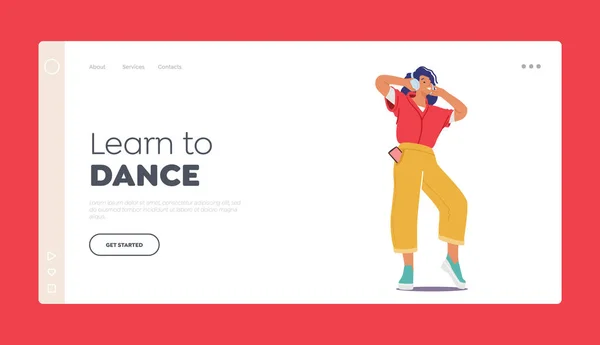 Impara a ballare Landing Page Template.Giovane donna con smartphone in tasca Ascolta musica in cuffia e danza — Vettoriale Stock