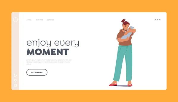 Maternity, Mother Care Concept for Landing Page Template. 신생아를 손에 들고 있는 어린 암컷의 모습 — 스톡 벡터