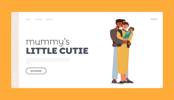 Multiraciale liefdevolle ouders met Baby Landing Page Template. Moeder en vader Kaukasische en Afrikaanse etnische familie — Stockvector
