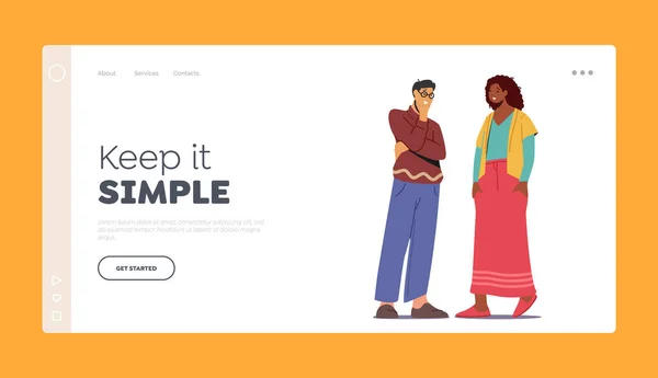 Multiethnic Paar Talking Landing Page Template. Aziatisch Man en Afrikaanse Vrouw aan de lijn. Mensen chatten, vergaderen — Stockvector