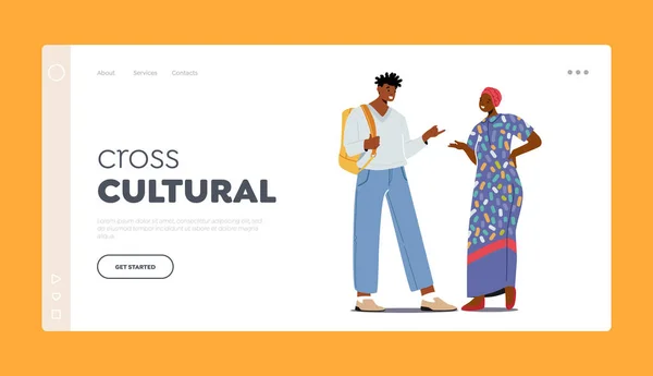 Cross Cultural Communication Landing Page sjabloon. multi-etnische mensen Afrikaanse man en vrouw praten, spreken — Stockvector
