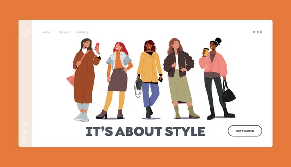 People in Trendy Apparel Landing Page Template. Group of Stylish Women in Autumn Fashion Outfits. Modern Casual Clothes — Stock Vector