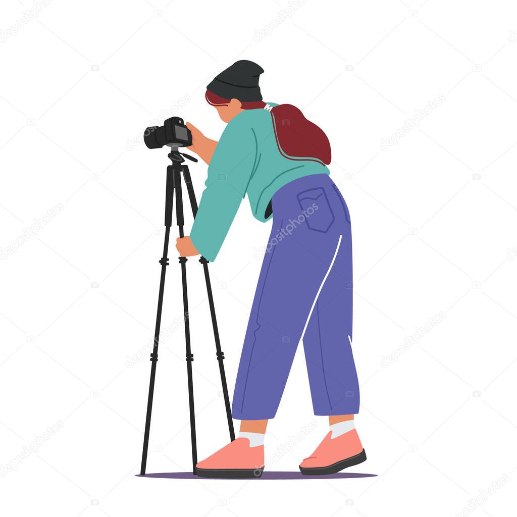 Professional Photography Concept. Female Photographer with Photo Camera on Tripod Making Pictures Isolated on White