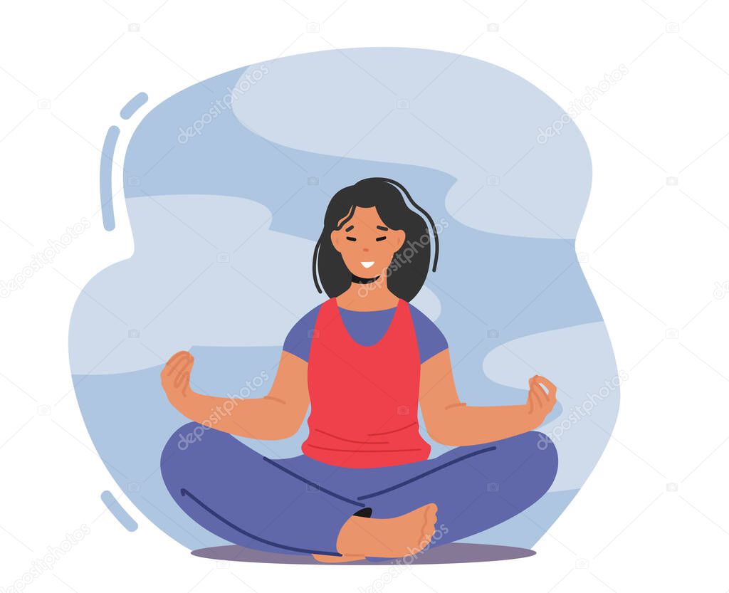 Harmony, Yoga Meditation on Nature Concept. Woman Meditating in Lotus Pose, Female Character Enjoying Relaxation