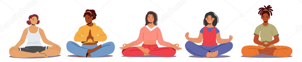 Set of Meditating Women, Multiracial Female Characters Sitting in Relaxing Yoga Lotus Pose. Healthy Lifestyle Relaxation
