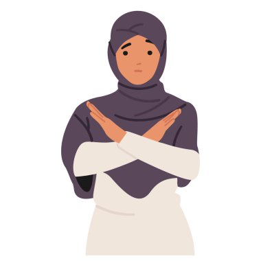 Confident Muslim girl cartoon character wearing hijab crossing arms in stop gesture expressing refusal and disagreement. Personal boundaries, confidence and assertive communication vector illustration