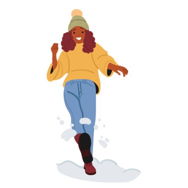 African American pretty teen girl cartoon character kicking snow playing outdoors enjoying winter cold weather activities vector illustration. Cute teenager depicting playful wintertime fun recreation