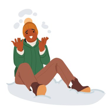 Joyful teenage boy cartoon character sitting and throwing snow over head enjoying winter fun and joy outdoors vector illustration. Christmas holidays and New year vacation seasonal activities