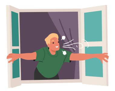 Positive handsome young man opening window inhaling fresh morning air breathing embracing seasonal weather with pleasure and happiness looking out and meeting new beautiful day vector illustration