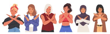 Young, adult, elderly women of variety nationalities showing stop gesture with crossed arms isolated set. Diverse females group performing body language, non-verbal communication vector illustration