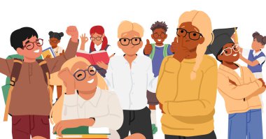 Group of elementary school kids with variety emotion ready for studying process vector illustration. Cartoon boys girls feeling pensive, happy and overjoyed standing together against white background
