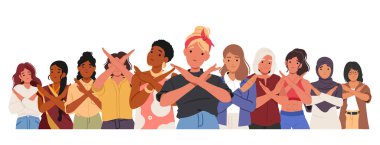 Group of women of different cultures, nationalities and ages gesturing non hand signs standing isolated on white. Female cartoon characters crossing arms expressing refusal vector illustration
