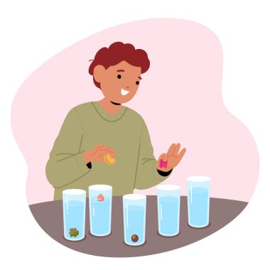 Sınıfın vektör illüstrasyonunda elle su yoğunluğu deneyleri yaparak fiziği keşfeden meraklı öğrenci. Pratik, eğitim ortamında etkileşimli öğrenme ve bilimsel keşif