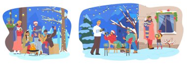 İnsanlar kış pikniği sırasında dışarıda Noel 'i kutlarken neşeli yemekler ve çizgi film setinin keyfini çıkarıyorlar. Arka bahçede mutlu aile ve neşeli tatil anları vektör illüstrasyonları