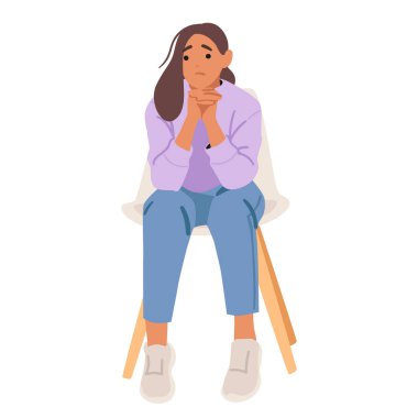 Genç bir kadın, uzun süre sandalyesinde oturup üzüntüsünü, gerginliğini ve endişelerini ifade eden karikatür karakterini izole etti. Kamu veya mesleki ayarlar vektör illüstrasyonunda kadınsal duygusal sorunlar