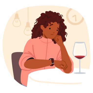 Genç kadın çizgi film karakteri, restoranda tek başına otururken erkek arkadaşının geç kalmasını bekliyor. Çıkma sorunları, sabırsızlık, ilişki stresi ve duygusal gerilim vektörü çizimi