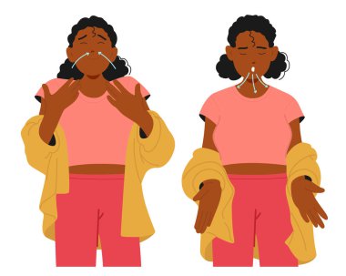 Genç kadın eğitmen çizgi film karakteri derin nefes alma tekniklerini aktif olarak uyguluyor. İç sakinlik, stres atma, duygusal sağIık ve vektör ilüstrasyonunu güçlendirmek için.