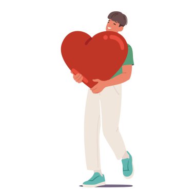 Genç adam çizgi film karakteri, beyaz arka planda izole bir şekilde yürürken sevginin dev bir sembolünü taşıyor. Sevgililer Günü vektör illüstrasyonunda romantik bir jest.