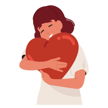 Genç kız çizgi film karakteri kalbi sevgiyle kucaklıyor beyaz arka planda izole edilmiş sevgi dolu duygular. Sevimli, mutlu, pozitif, duygusal, genç, çiçek açan romantik vektör çizimi.