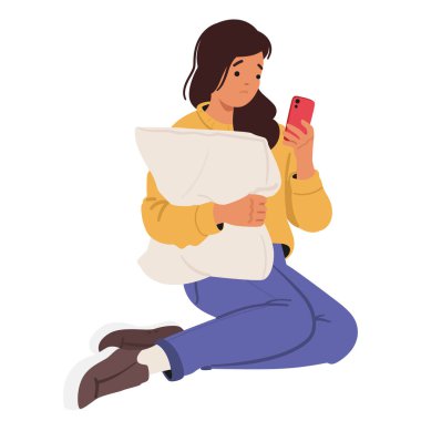 Genç mutsuz kadın çizgi film karakteri yastığa sarılıyor telefon ekranına çağrılmayı bekliyor derin bir yalnızlık, endişe, hayal kırıklığı vektör çizimi beyaz arka planda izole edilmiş.
