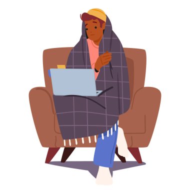 Genç erkek öğrenci çizgi film karakteri evde dizüstü bilgisayarla çalışırken kendini donmuş hissediyordu. Kış zorlukları ve uzak eğitim vektör illüstrasyonuyla mücadele ediyor