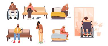 Mutsuz, mutsuz, yalnız, çeşitli karakterler, engelli, sosyal izolasyon, iletişim eksikliği, destek eksikliği ve acil zihinsel sağlık terapi vektör ilüstrasyonuna ihtiyaç duyan çizgi karakterler.