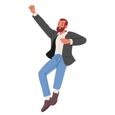 Olgun iş adamı çizgi film karakteri, beyaz arka planda izole edilmiş bir şekilde havadaki yumruğunu kaldırarak rahatça sıçrıyor. Erkek çalışan iş başarısı, zafer ve liderlik illüstrasyonu yaşıyor