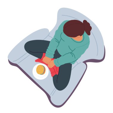 Rahat genç kadın çizgi film karakteri, beyaz arka planda izole edilmiş koltukta rahatça oturup hamburger yiyor. Huzurlu atmosfer vektör illüstrasyonunda evde günlük yemek.