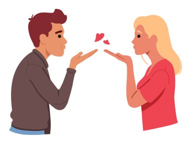 Erkek ve kadın sevgililer birbirlerine hava öpücüğü gönderiyorlar. Romantik bir jest gösteriyorlar. İçinde izole aşk portresi var. Gençlerin vektör illüstrasyonunun samimi ve flörtöz bağlantısı