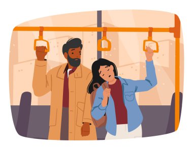 Metronun toplu taşıma sahnesinde yorgun kadın yolcu ezilmiş erkek yolcunun omzuna yaslanmış yorgunluk tarafından alt edildi. Yoğun günlük yaşam ve banliyö yorucu vektör çizimi