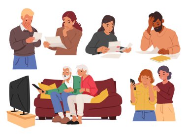 Çeşitli çizgi film karakterleri kötü haberlere tepki veriyor ve farklı kaynaklardan üzücü bilgiler alıyor. Erkek ve kadın negatif duygusal reaksiyonlar vektör gösterimi