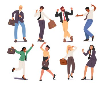 İş adamları, beyaz arka planda izole bir şekilde dans eden çeşitli profesyonel çizgi film karakterleri. İşadamı şirket klişelerinden kurtuluyor, iş vektörü çiziminde eğleniyor.