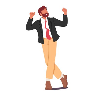 Neşeli iş adamı çizgi film karakteri enerjik bir şekilde ellerini kaldırarak dans ediyor büyük başarıları kutluyor ve dizginlenemeyen profesyonel mutluluk vektörü çizimleri yapıyor.