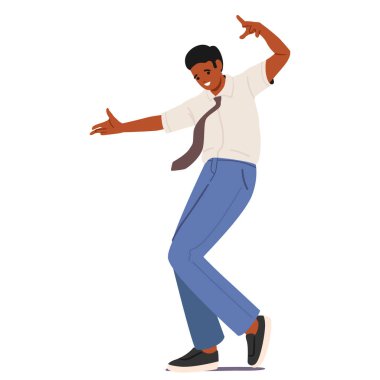 Pozitif iş adamı çizgi film karakteri beyaz arka planda izole edilmiş neşe ve özgürlük taşıyan anlamlı bir dans deneyimi yaşıyor. Hevesli kendini ifade etme vektörü illüstrasyonuna sahip erkek girişimci